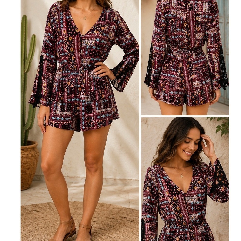 Derek Heart Mini Dress Women M Multi-Color Excellent Boho Patchwork Lace Trim‎